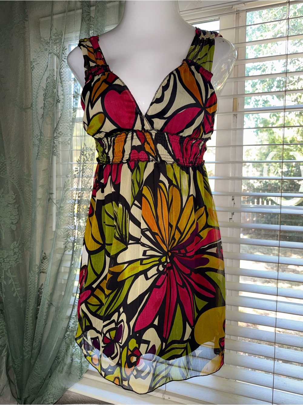 American Rag Bright Floral Empire Mini Dress in Pink, Green & Yellow